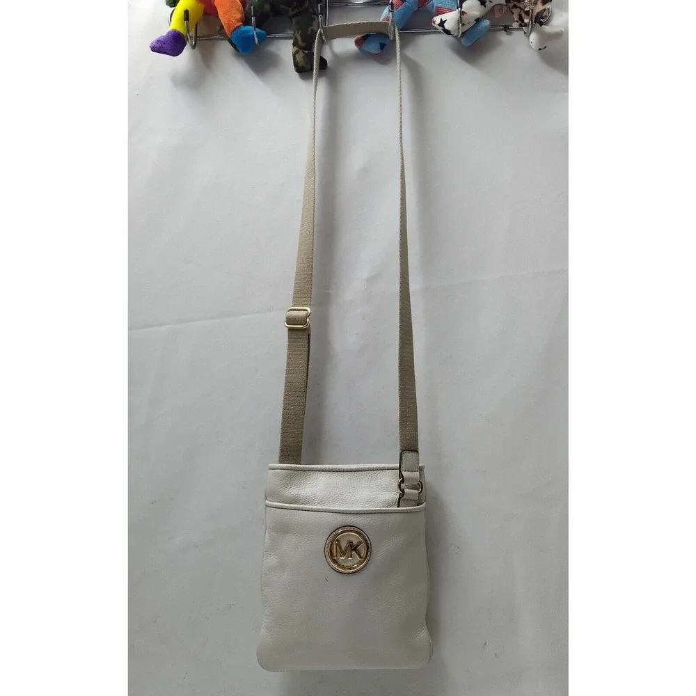 Michael Kors White Leather Round Logo Crossbody Bag
